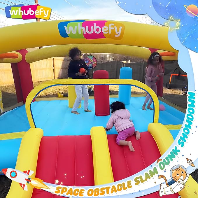 Whubefy Inflatable Bounce House Double Slide for Big Kids 3-6 8-12 with 3 Punching Bag Large Space Rocket Blow Up Bouncy Castle Obstacle Course 13.1x11.2x7.1ft w/Blower Indoor Outdoor Fun