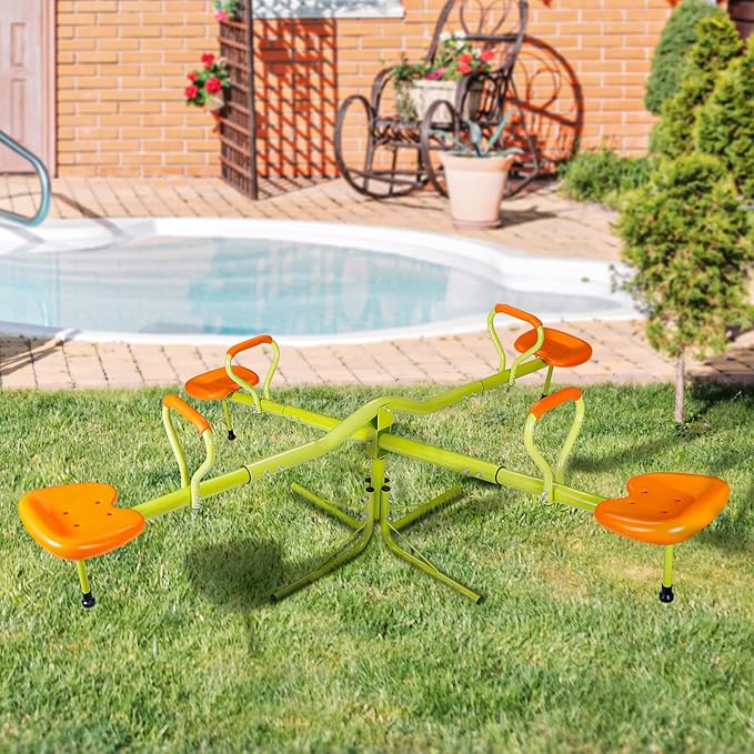 SUPER DEAL Teeter Totter Kids Seesaw, Outdoor Playground Equipment 360 Degrees Rotate All Steel Extendable Tubes for Toddlers Children Backyard, Green and Orange, 4 Seat