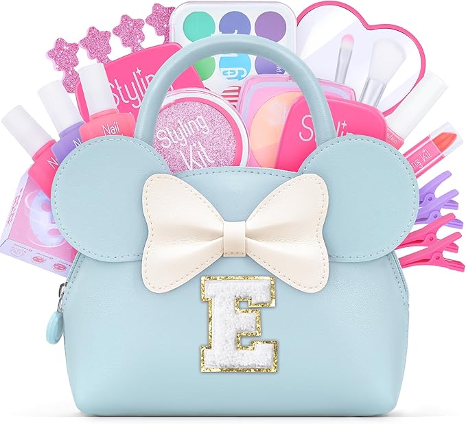 Pretend Makeup Kit for Toddlers Kids- 21Pcs Make Up Toys with Initial Toddler Purse - Birthday Gifts for 3 4 5 Years Old Girls Vanity Set Christmas Birthday Gift Blue E