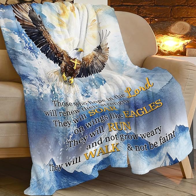 Bald Eagle Blanket Christian Faith Religious Bible Verse Inspirational Scripture Throw Catholic Spiritual Gifts for Adults Women Men Kids Girls Boys Plush Fuzzy Fleece Blanket Decor 40''X50''