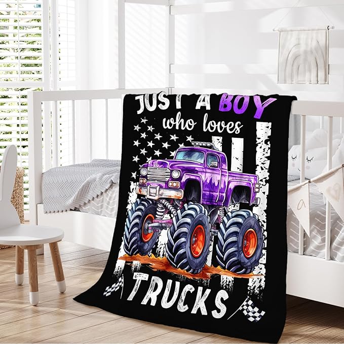 Boys Blanket for Kids Teens Truck Lovers - 50x60 Inches Cute Truck Throw Blanket Gifts - Black Soft Fuzzy Car Blankets for Couch Bed Travel - Truck Stuff Bedroom Decor
