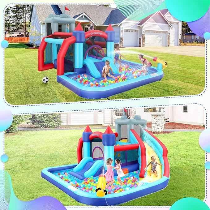 Inflatable Water Slide, 10 in 1 Bounce House Water Park with 580W Blower Climbing Wall, Splash Pool, Cannon, Jump Area, Basketball Hoop, Ball Gate, Water Slides Kids Bouncy Castle for Backyard Fun