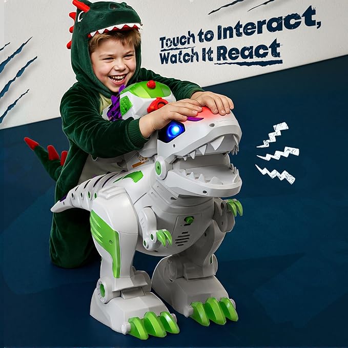 Ruko 8809 Dinosaur Toys for Kids, Large Rechargeable Remote Control T-Rex Toys, with Programmable, Walking, Roaring, LED Eyes and Shooting, Interactive Gifts for Boys & Girls Age 3 4 5 6 7 8, Green