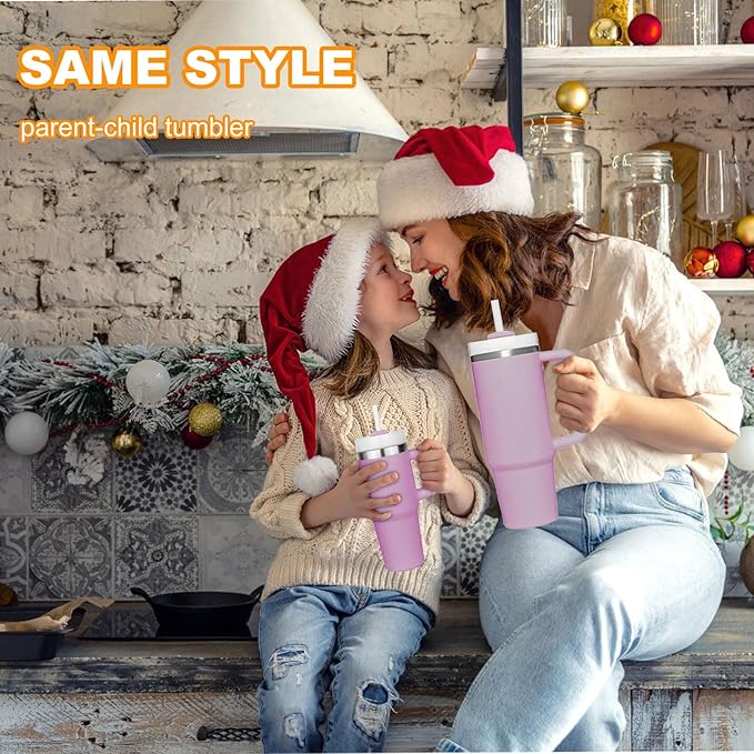 14 oz Tumbler with Handle and Straw, Mini 14oz Tumbler with Lid and Straw for Kids Stainless Steel Tumblers, Car Mug Outdoor Sports Travel School Gift (Pink)