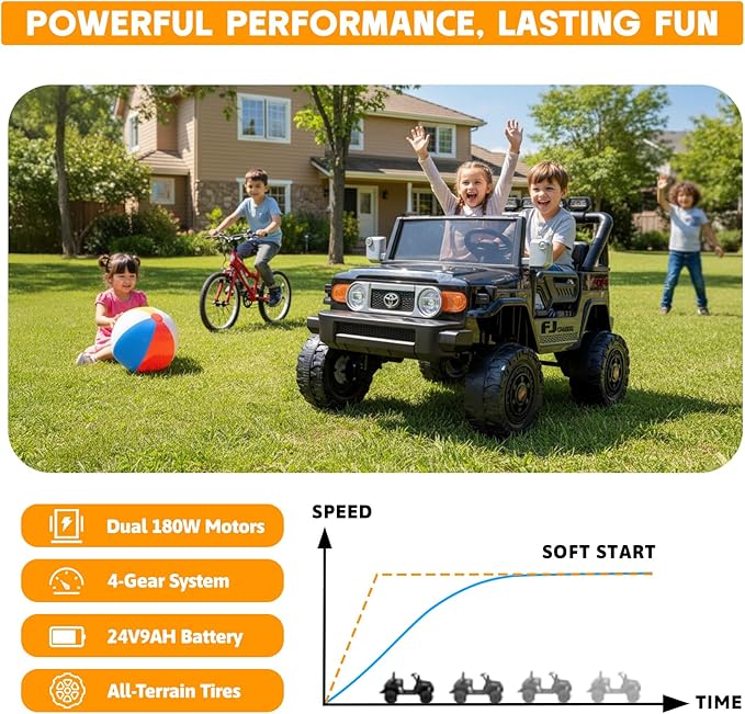 24V Ride on Toys for Kids, Licensed Toyota FJ, 2 Seater Ride on Car with Remote Control, Electric Car w/ 4-Wheeler Suspension, Led Light, Music, USB, Electric Vehicle for Age 3-8, Black