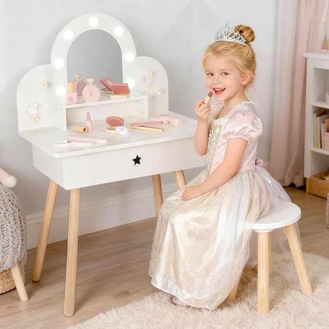 Kids Vanity Set for Girls with Touch-Button 3-Color Light Mirror, Wooden Pretend Play Makeup Table with 11 Accessories, Toddler-Sized Beauty Desk for Ages 3+