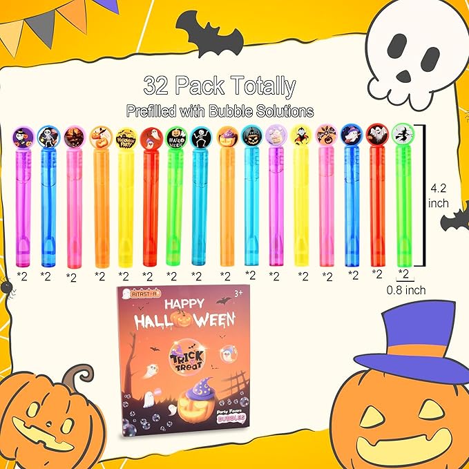 Mini Bubbles for Kids Party Favors,32 PCS Small Bubble Wands Toys Bulk for Classroom Prize,Birthday Goodie Bag Stuffers,Bubble Blower Toy Sticks with Bubble Solutions,Gift Box,Cartoon Halloween Design