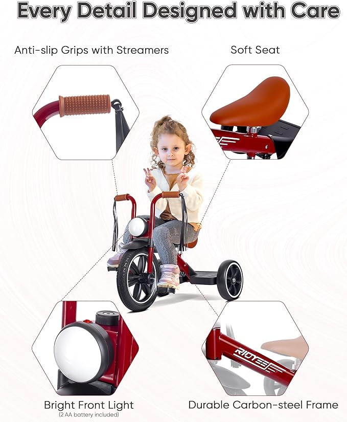 Toddler Tricycle for 2 to 5 Years, Tricycle for 3 Years with Front Light, Rubber Front Wheel, Soft Handlebar with Streamers, Adjustable Seat, Red
