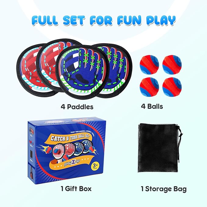 Playzap Toss and Catch Ball Set Ultra Soft Fabric Pain-Free - Family Games Christmas Stocking Stuffers Gift for Toddlers Kids Boys Girls 2-4 5-7 8-10 Yrs - Baseball Glove Toy Indoor Outdoor Yard Beach