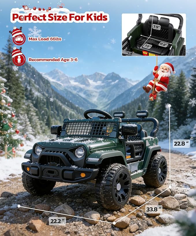 ELEMARA Ride On Car, Bluetooth Ride on Toys for Toddlers, 12V Kids Battery Powered Vehicles w/Remote, 3.5 mph Motorized Off-Road Truck, Electric Car for Kids w/3 Speeds,LED Lights- Olive