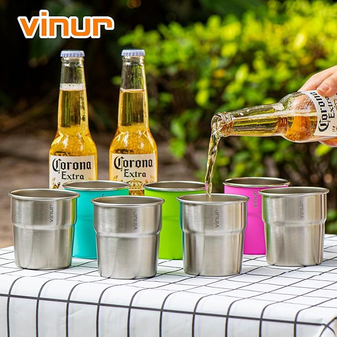 VINUR 4 Pack Stainless Steel Cups 8 oz Pint Tumbler Stackable Metal Drinking Glasses for Travel, Camping, Outdoors (Silver)