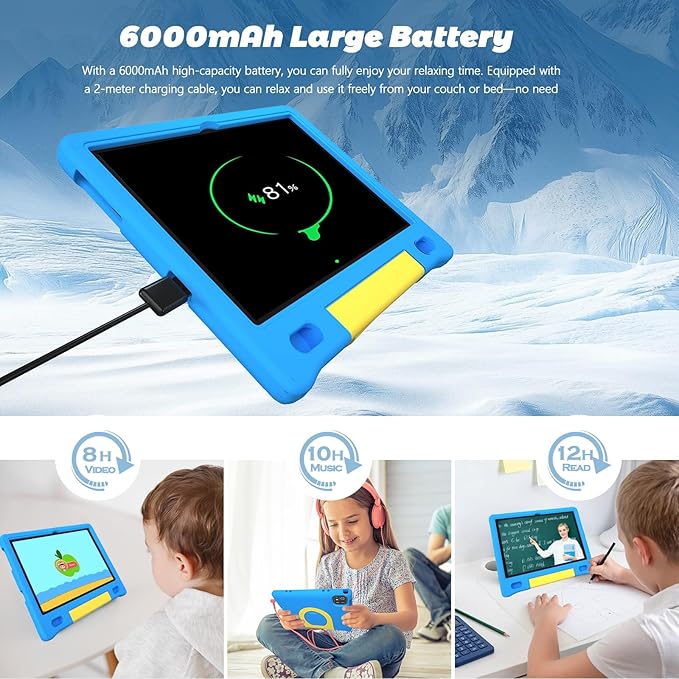 Kids Tablet 10", Android 14, 8GB+64GB (1TB Expandable), Octa-Core, 1280×800 HD Display, Dual Cameras, 12-Hour Battery, Parental Controls, Childs Tablet with Shockproof EVA Case