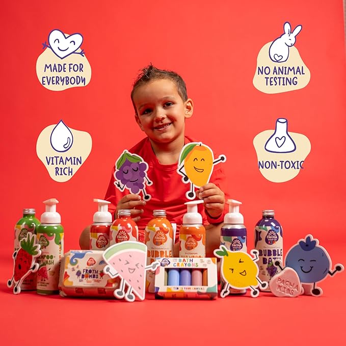 Pacha Soap Co. Kids Foaming Shampoo & Body Wash, Strawberry Banana - Tear-Free, Plant-Based, Vegan, Nourishing, Moisturizing, Vitamin-Rich, Non-Toxic 2-in-1 Cleanser, Recyclable, Made in USA, 2-Pack