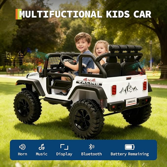 24V Ride on Car for Kids, 2 Seater Electric Truck with Parent Remote Control, Spring Suspension, 2 Speeds, LED Headlight & Music Player, Kids Electric Vehicle for Aged 3-8 Years, White