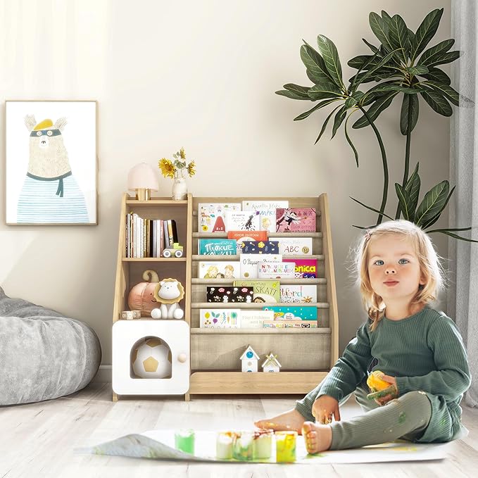 FKWin Kids Bookshelf, Kids Toy Storage Organizer, Baby Storage Book Rack, 4 Tier Kids Wooden Bookshelves, 5 Layer Sling Bookcase for Playroom, Bedroom, Living Room, Kids Room, Nursery, School(Natural)
