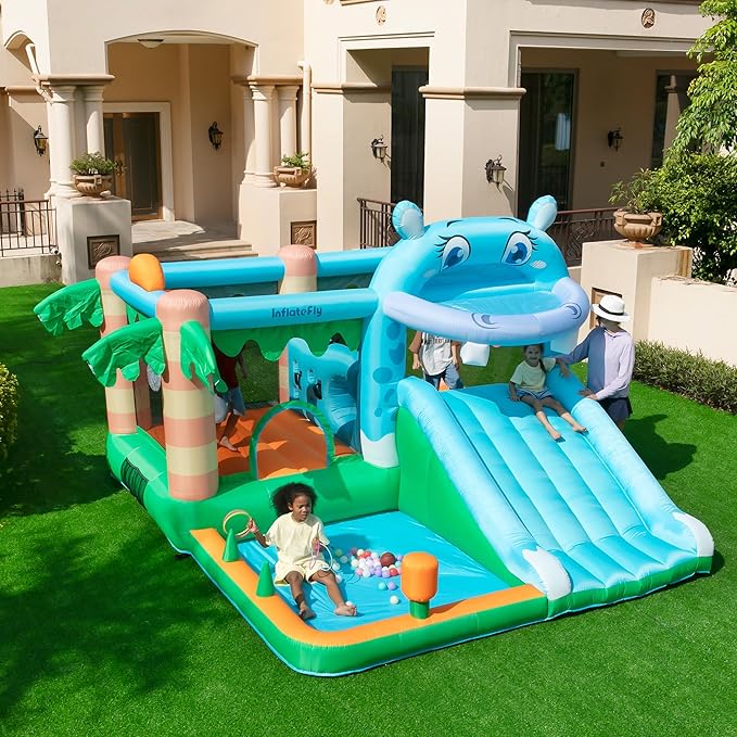 Inflatable Bounce House for Kids, Playhouse Castle with Blower Slides Ball Pit Pool Basketball Hoop and Toss Game for Kids Wet and Dry