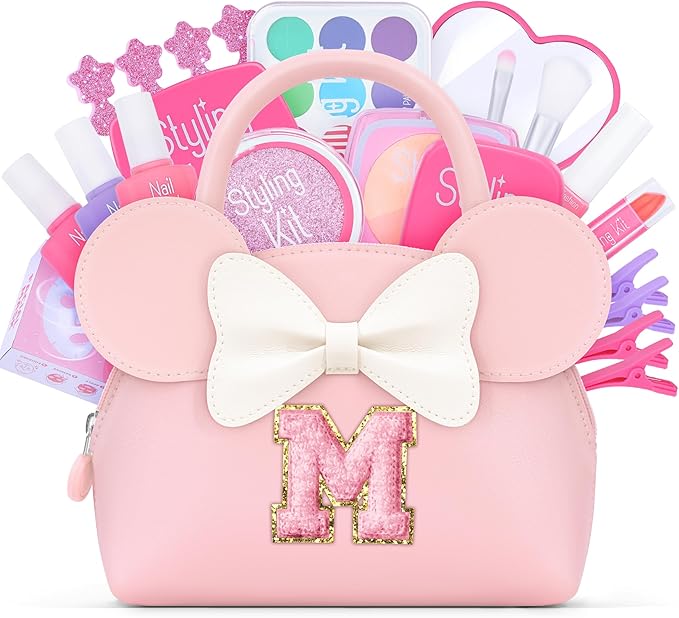Pretend Makeup Kit for Toddlers Kids- 21Pcs Make Up Toys with Initial Toddler Purse - Birthday Gifts for 3 4 5 Years Old Girls Vanity Set Christmas Birthday Gift Pink M