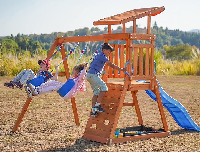 Dolphin Playground Wooden Swing Sets for Backyard with 6FT Slide, Outdoor Playset for Kids with Sand Pit, Climbing Wall, and 2 Belt Swings, Heavy Duty Playground Accessories, Ages 2-9