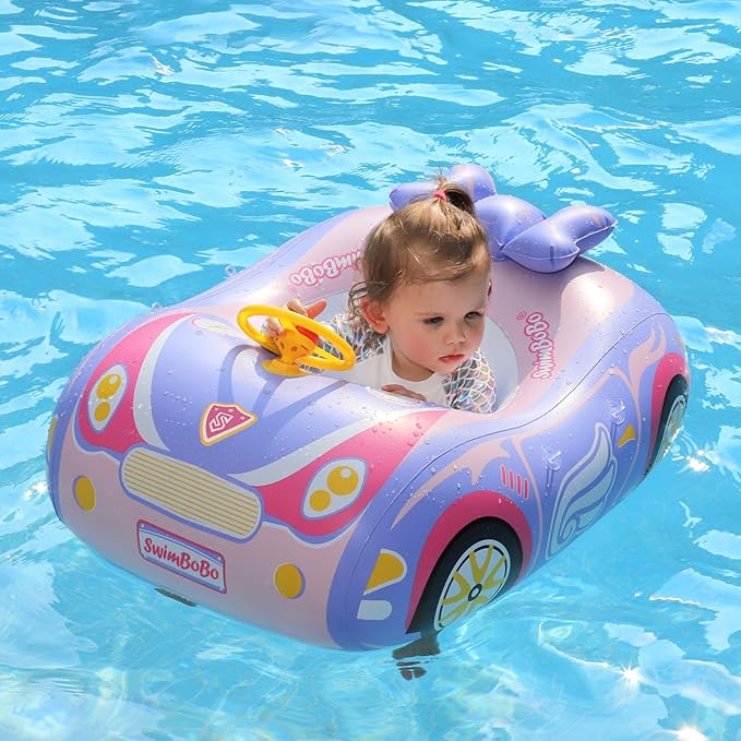 Swimbobo Toddler Pool Float Inflatable Car Baby Swim Float with Adjustable Sun Canopy and Safety Seat Pool Toys for Kids 3+ Years Old