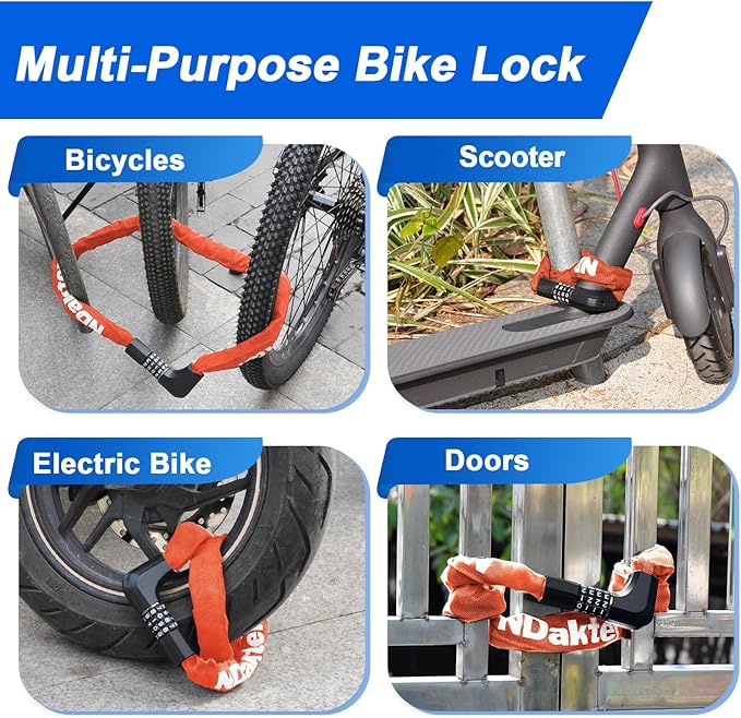NDakter Upgrade Bike Chain Lock with 4 Digit Combination and 2 Keys, 3.2/4.28 Ft Heavy Duty Anti-Theft Bicycle Lock, 2 Ways to Unlock High Security Scooter Locks for Ebike, Escooter, Door