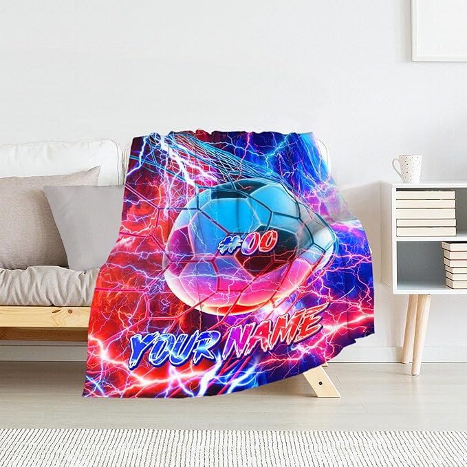 Personalized Kids Blanket Soccer Gifts for Boys 8-12 - Cozy Fuzzy Warm Sport Throws Stuff for Couch, Office & Travel