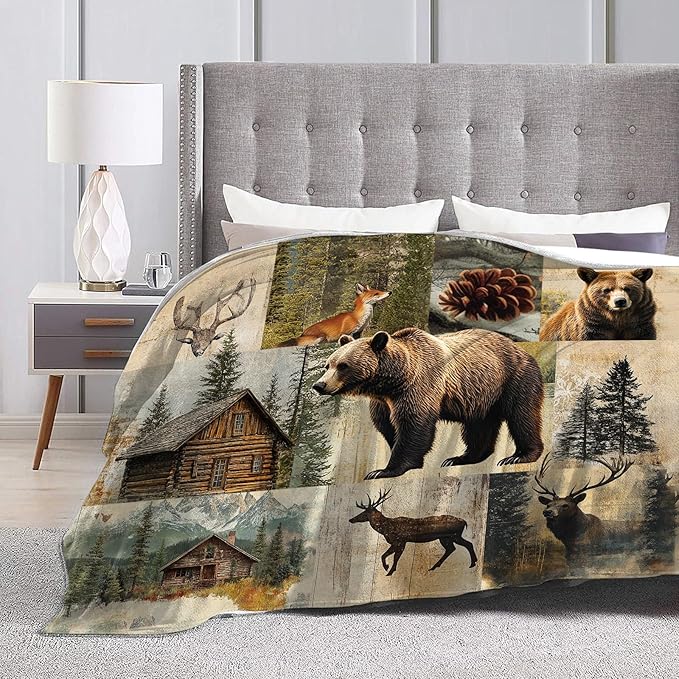 Cabin Bear Blanket, Rustic Bear Deer Fleece Blanket Gifts for Boys Girls, Warm Cozy Soft Flannel Stuff for Bed Sofa Couch 60" x 50"