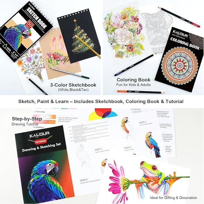 112 Drawing Set Sketching Kit, Pro Art Supplies with 3-Color Sketchbook & Coloring Book, Neon, Colored, Watercolor, Metallic, Graphite, Charcoal Pencils, Gift for Artists Adults Teens