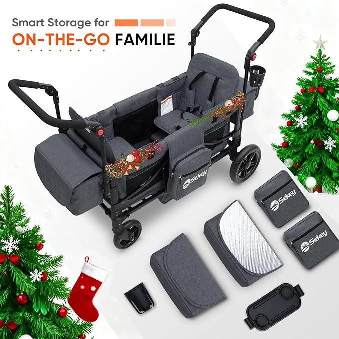 Sekey Wagon Stroller for 2 Kids, Luxury 4-in-1 Stroller Wagon - Premium Quality with Convertible Seats, Adjustable Push Handles, Removable Canopy, Snack Tray & Cooler, US Certified