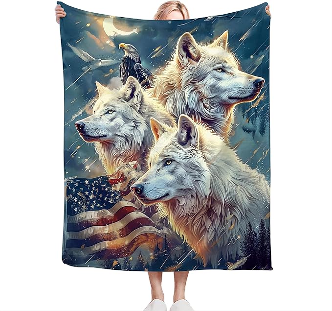 American Wolf Blanket Wolf and Eagle Throw Blanket Wolf Gifts and Decor American Flag Wolf Blanket for Women Men Girls Boys Soft Warm Cozy Fleece Blanket for Couch Sofa Bed 80"x60"