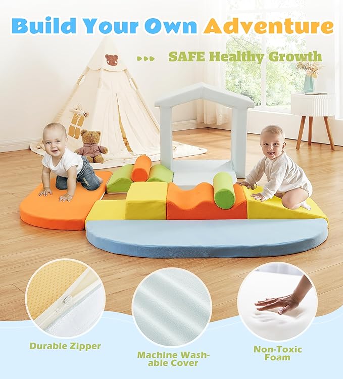 10-Piece Foam Climbing Blocks with Ramp & Stairs for Toddlers,Soft Play Gym Set,Foam Toddler Climbing Toys for Indoor Crawling,Sliding & Creative Play-Dynamic Color