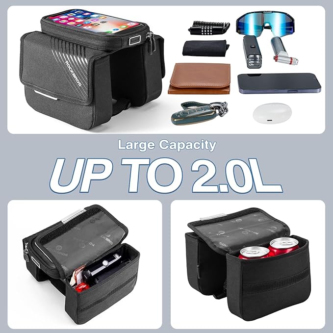 ROCKBROS Bike Frame Bag, Waterproof Top Tube Bike Bag, Large Storage Touch Screen Bike Cell Phone Holder Suitable for iphone X,11,12,13,14 Below 6.4"