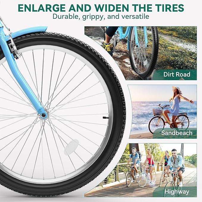 YITAHOME 24 & 26 Inch Beach Cruiser Bike, 7 Speed & Single Speed Commute Bike, Step-Through Bicycle for Adult Women & Men, Steel Frame Cruiser Bike with Full Front & Rear Fenders