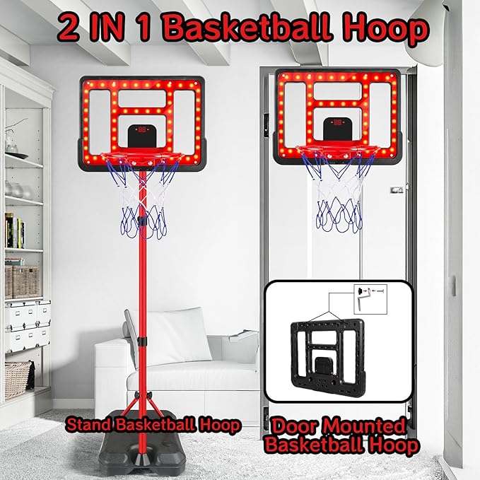 Kids Basketball Hoop Adjustable Height 3.5FT-6.2FT, Indoor & Outdoor Toddler Basketball Hoop with Scoreboard & LED, Boys Basketball Toy for 3 4 5 6 7 8 Years Gift, Portable Basketball Goals Sport Game