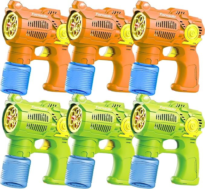 6-Pack Bubble Gun Set with Batteries – Automatic Bubble Blower Toys for Kids & Toddlers | 3 Green + 3 Orange Bubble Shooters with Solution Included | Outdoor Fun & Ready to Play