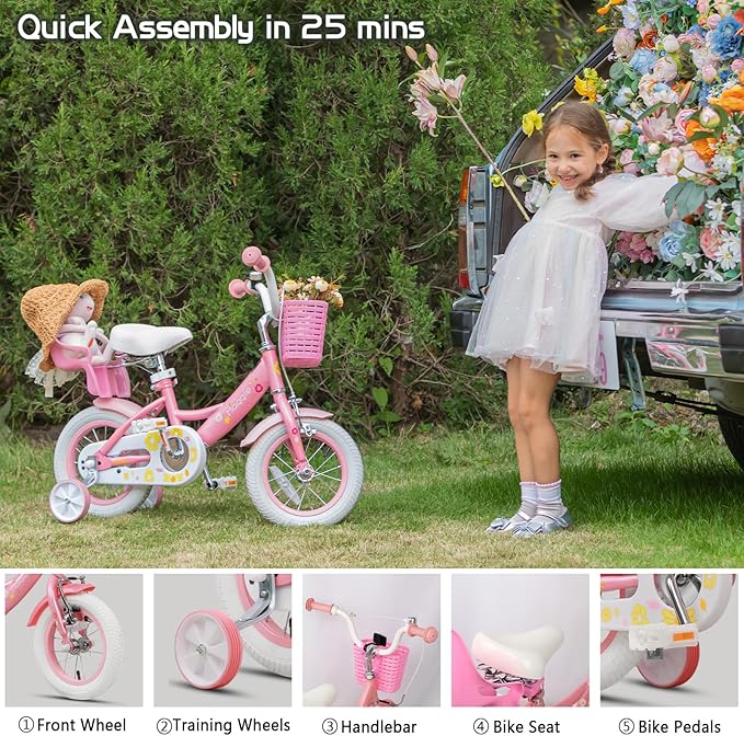 Glerc Maggie Girls Bike, 12-20 Inch Kids Bike for 2-13 Years Old Children, Princess Style Kids Bicycle with Doll-Seat & Basket & Training Wheels, Multiple Colors