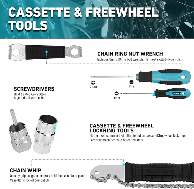 DURATECH 41 Pieces Bike Repair Tools, Complete Bike Tools Kit with Storage Box, Mountain Bike Maintenance Tools, for Mountain, Road, and Park Bicycle with Chain Riveter, Tire Levers, Crank Puller