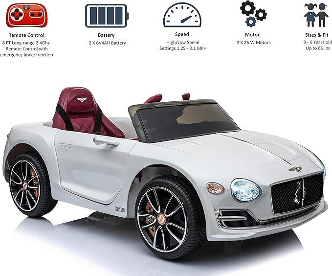Licensed Bentley EXP12 Kids Ride on Toy Car, 12V Battery Powered Children Electric 4 Wheels w/Parent Remote Control, Foot Pedal, 2 Speeds, Music, Aux, LED Headlights (White)