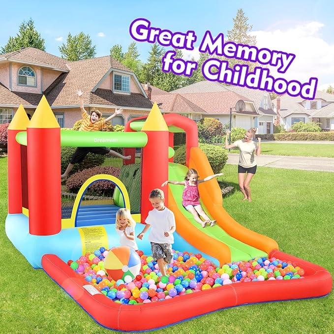 Inflatable Bounce House, Kids Bouncy House Slide with Blower, Long Slide, Fun Pool/Ball Pit, Climbing Wall, Basketball Rim, Outdoor Backyard Jumping Castle Bounce House for Kids 3-10 Years