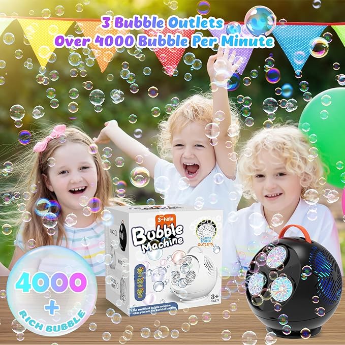 Bubble Machine for Kids Toddlers,45°/360° Auto Rotatable Spherical Bubble Maker Toy with LED Light,Rechargeable Bubble Blower for 3 4 5 Year Old,Wedding Party Easter Birthday Gifts (Spherical Black)