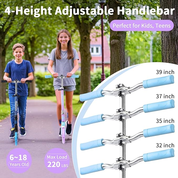 BELEEV V5 Plus Scooters for Kids Ages 6+, Teens with Light-Up Wheels & Deck, 2 Wheel Folding Lightweight Sport Scooter with 4 Adjustable Height, 8-inch Big Wheels, Carry Strap, Max Load 220 lbs