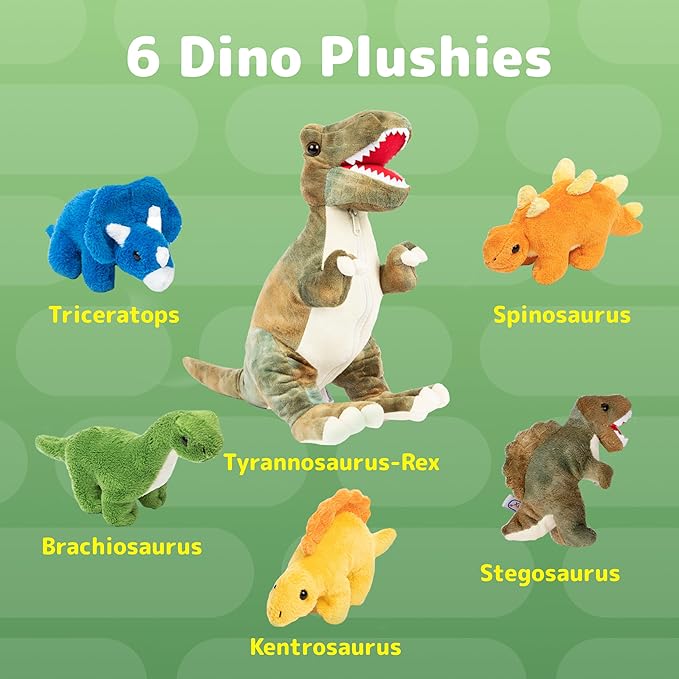 PREXTEX Dinosaur Stuffed Animal Set - Mommy T-Rex with 5 Plush Baby Dinosaurs Inside - Soft Dinosaurs Plush Toys for Kids 3 and Up - Portable Dinosaur Pillow Gift for Boys and Girls - Zipper Storage