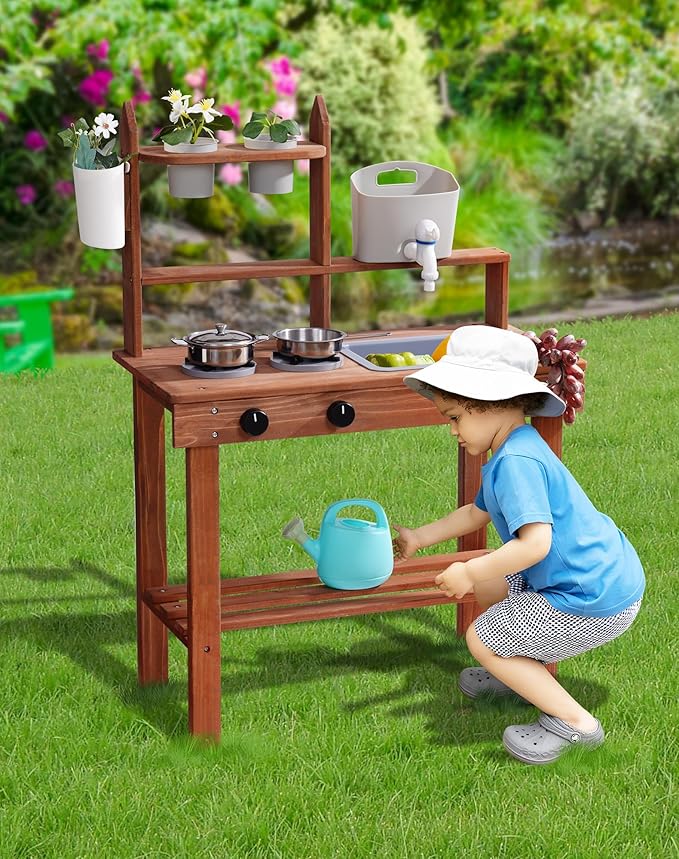 ROBUD Mud Kitchen for Kids Outdoor, Wooden Outdoor Play Kitchen, Kids Mud Kitchen with Removable Sink & Faucet, Monteeori Toys for Children Ages 3+ Years, WG404