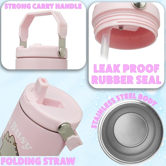 Get Trend Pusheen Tumbler Stainless Steel with Straw 30oz Girls Teens Women Insulated Cup with Lid Travel Mug for School Sports Cute Gifts for Girls (Pink Pusheen)