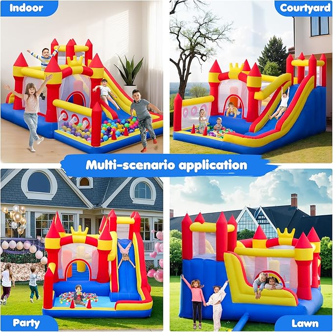 Liaakrr Bounce House, 8-in-1 Bounce House for Kids, Bouncy House with Slide, Climbing Wall, Ball Pit, Obstacles, Trampoline & Basketball Hoop – Includes Blower for Indoor & Outdoor