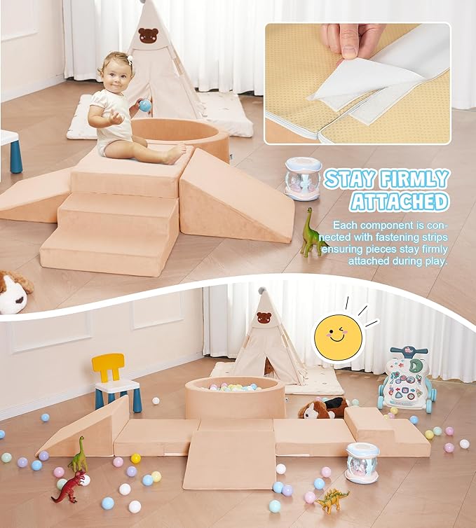 Foam Climbing Blocks with Ball Pit & Stairs for Toddlers Aged 1-3 -Soft Playset for Indoor Crawling, Foam Playground Set for Baby to Active Playing Inside -(Balls NOT Included),Beige