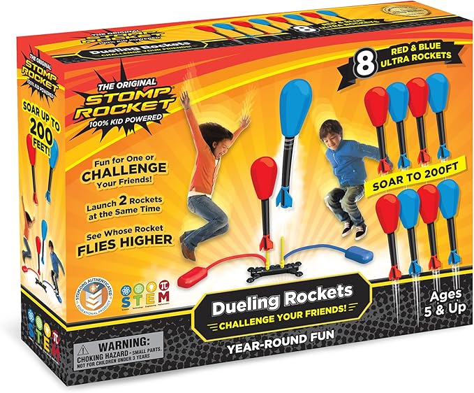 Stomp Rocket Original Dueling Rocket Launcher for Kids, 8 Rockets - Fun Backyard & Outdoor Kids Toys Gifts for Boys & Girls -Toy Foam Blaster Set Soars 200ft - Multi-Player Launcher Stand