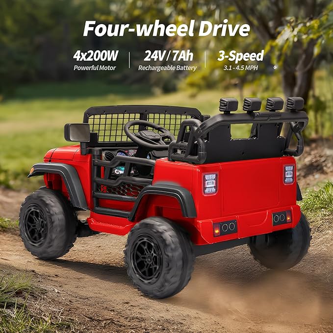 2 Seater Ride on Car Toy, 24V 4WD Electric Car for Kids 4-8 with Remote Control, 4x200W Motors, Capacity 110 lb - Red