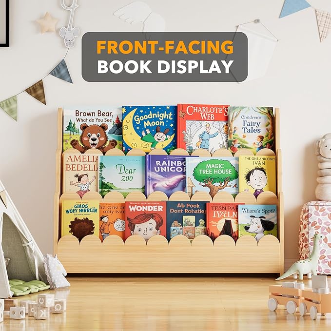 SpaceAid 3-Tier Scalloped Bookshelf, Montessori Bookcase for Toddlers, Wooden Book Shelf Organizer Display Furniture for Kids Rooms, Playroom, Nursery and Classroom, 36.7“ Wide, Natural