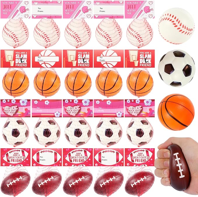 LiYiQ 28Pcs Valentines Day Gifts Cards with Basketball Soccer Football Baseball Stress Ball for Kids 2.36 Inch Sports Stress Balls Foam Bouncy Balls Ideal Valentine Gifts for Kids Classroom Exchange