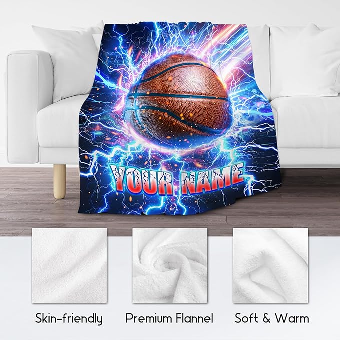 Basketball Blanket for Boys Personalized Throw Gifts - Lightning Sport Theme Custom Throws for Couch, Bed (4 Sizes Choose)